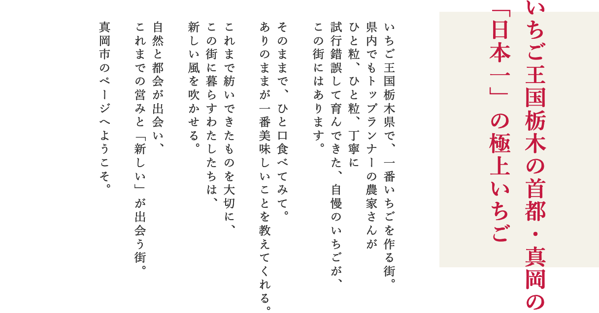 いちご王国栃木の首都・真岡の「日本一」の極上いちご いちご王国栃木県で、一番いちごを作る街。県内でもトップランナーの農家さんがひと粒、ひと粒、丁寧に試行錯誤して育んできた、自慢のいちごが、この街にはあります。そのままで、ひと口食べてみて。ありのままが一番美味しいことを教えてくれる。これまで紡いできたものを大切に、この街に暮らすわたしたちは、新しい風を吹かせる。自然と都会が出会い、これまでの営みと「新しい」が出会う街。真岡市のページへようこそ。