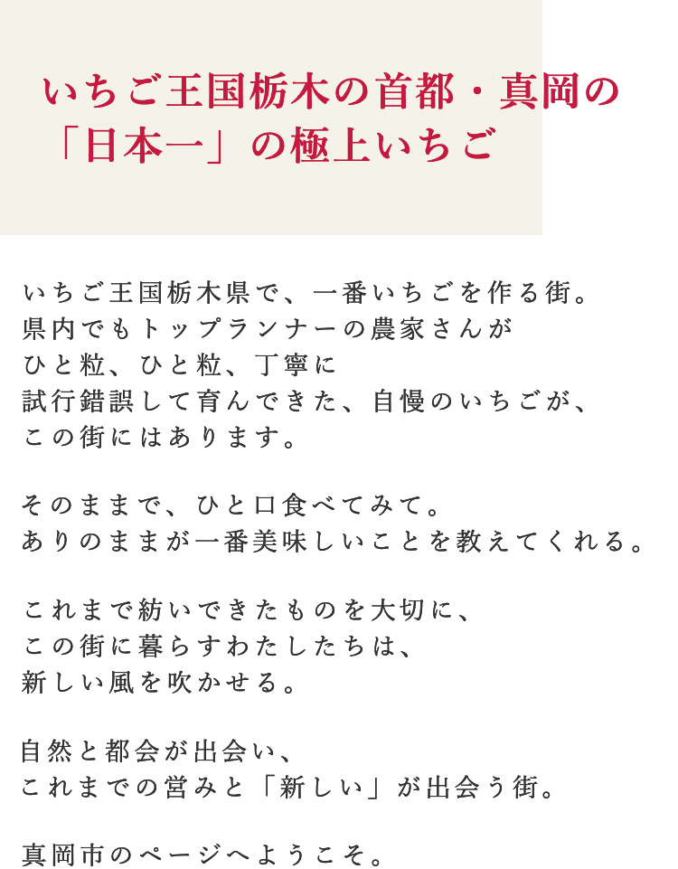 いちご王国栃木の首都・真岡の「日本一」の極上いちご いちご王国栃木県で、一番いちごを作る街。県内でもトップランナーの農家さんがひと粒、ひと粒、丁寧に試行錯誤して育んできた、自慢のいちごが、この街にはあります。そのままで、ひと口食べてみて。ありのままが一番美味しいことを教えてくれる。これまで紡いできたものを大切に、この街に暮らすわたしたちは、新しい風を吹かせる。自然と都会が出会い、これまでの営みと「新しい」が出会う街。真岡市のページへようこそ。