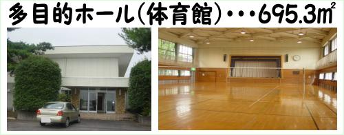 多目的ホール(体育館)695.3平方メートル 左:車が一台停まっており、建物前には両側に木が植えられている多目的ホール(体育館)玄関前の写真、右:前方に舞台がある広々とした体育館内の写真