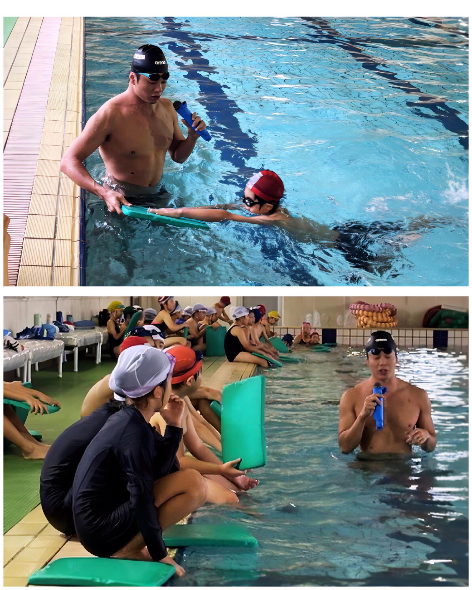 水沼選手の水泳初心者の小学生向け「水泳教室」の様子