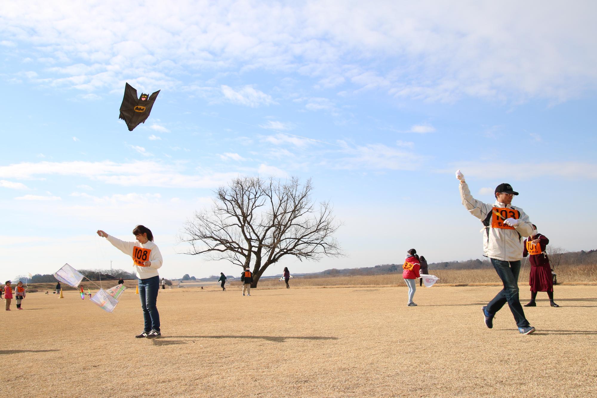 晴天の中凧を高く上げようとしている人たちの写真