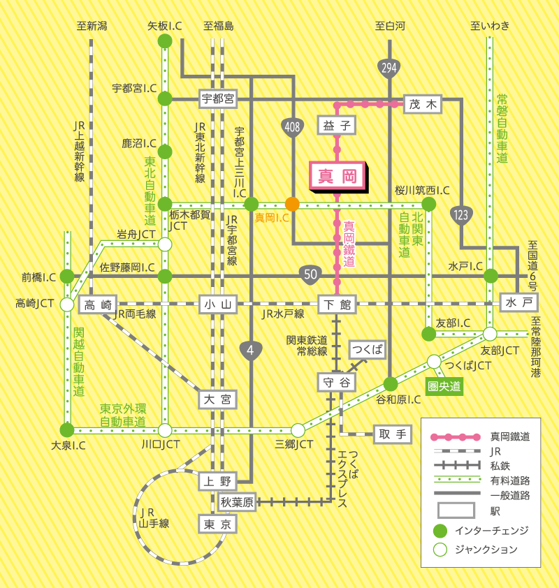真岡市を中心とした交通機関の案内図