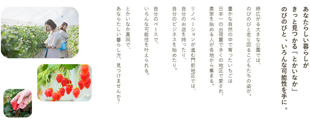 あなたらしい暮らしがきっとみつかる「とかいなか」のびのびと、いろんな可能性を手に。緑広がる大きな公園では、のびのびと走り回るこどもたちの姿が。豊かな自然の中で育ったいちごは日本一の出荷量で多くの地区で愛され、農家を始める人が各地から集まる。リノベーションが進む門前地区では、自分のお店を持ったり、自分のビジネスを始めたり。自分のペースで、いろんな可能性を叶えられる。とかいなか真岡で、あなたらしい暮らし方、見つけませんか？