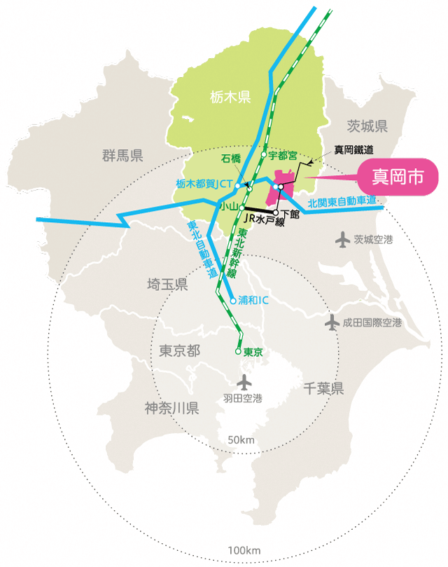 関東圏域の地図内での真岡市の場所を示した地図