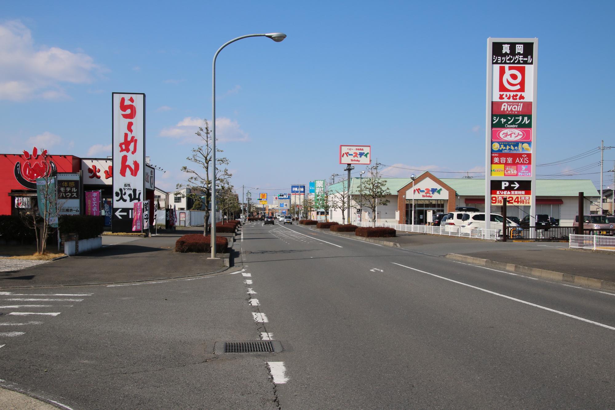 道路脇に並ぶラーメン屋さんやいろいろな店舗が入っている看板が並んでいる写真