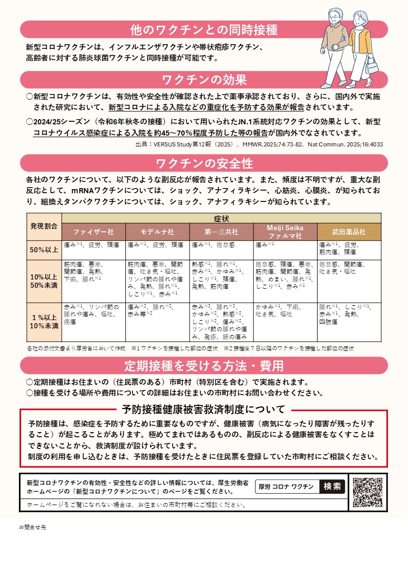 令和7年度新型コロナワクチン定期接種について裏面
