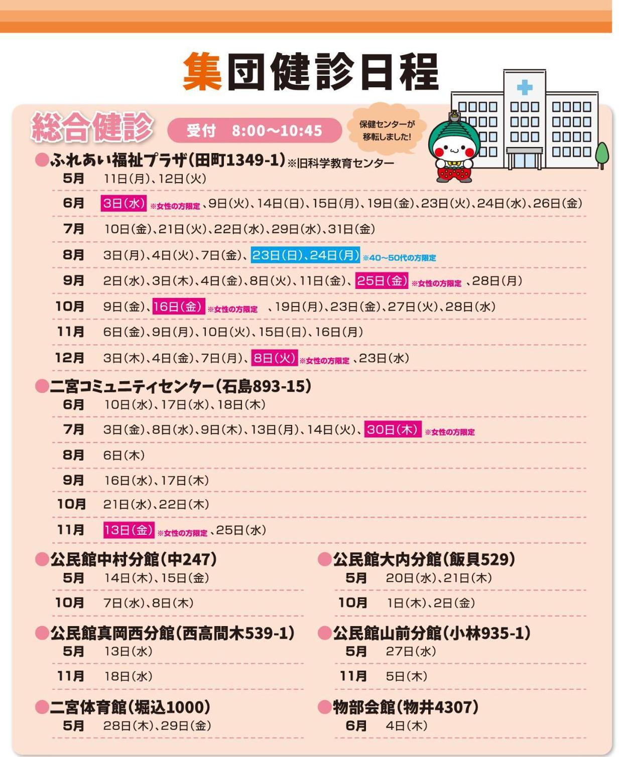 女性がん集団検診日程表