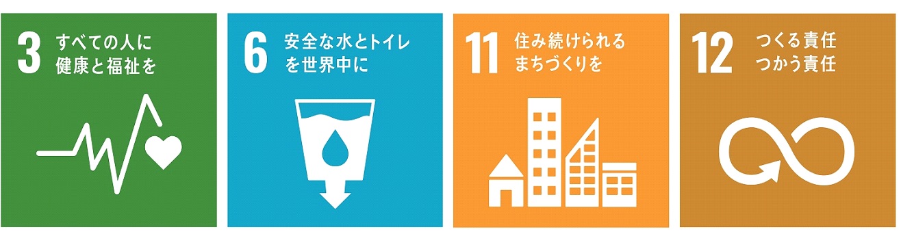 SDGsの「3 すべての人に健康と福祉を」「6 安全な水とトイレを世界中に」「11 住み続けられるまちづくりを」「12 つくる責任 つかう責任」のアイコン