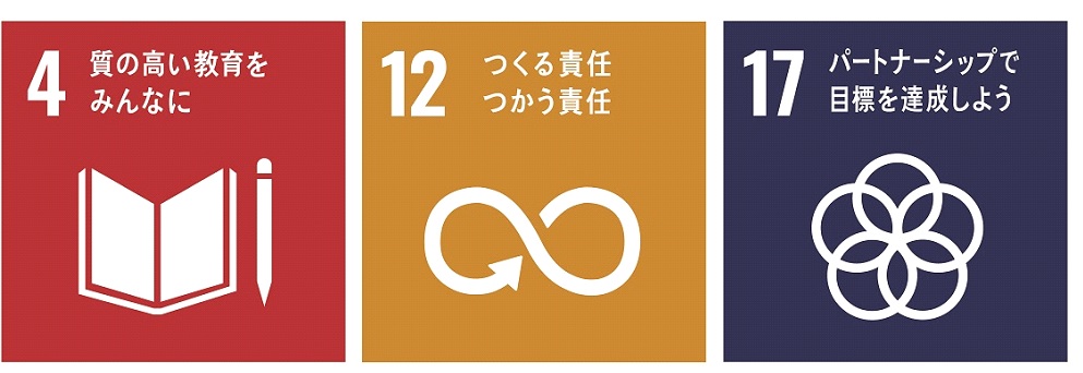 SDGsの「4 質の高い教育をみんなに」「12 つくる責任 つかう責任」「17 パートナーシップで目標を達成しよう」のアイコン