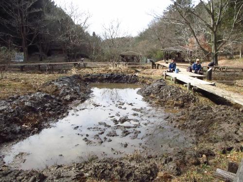 泥さらいの終わった池を眺める参加者たちの写真です。