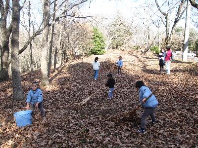 落ち葉かきを楽しむ参加者の写真です。