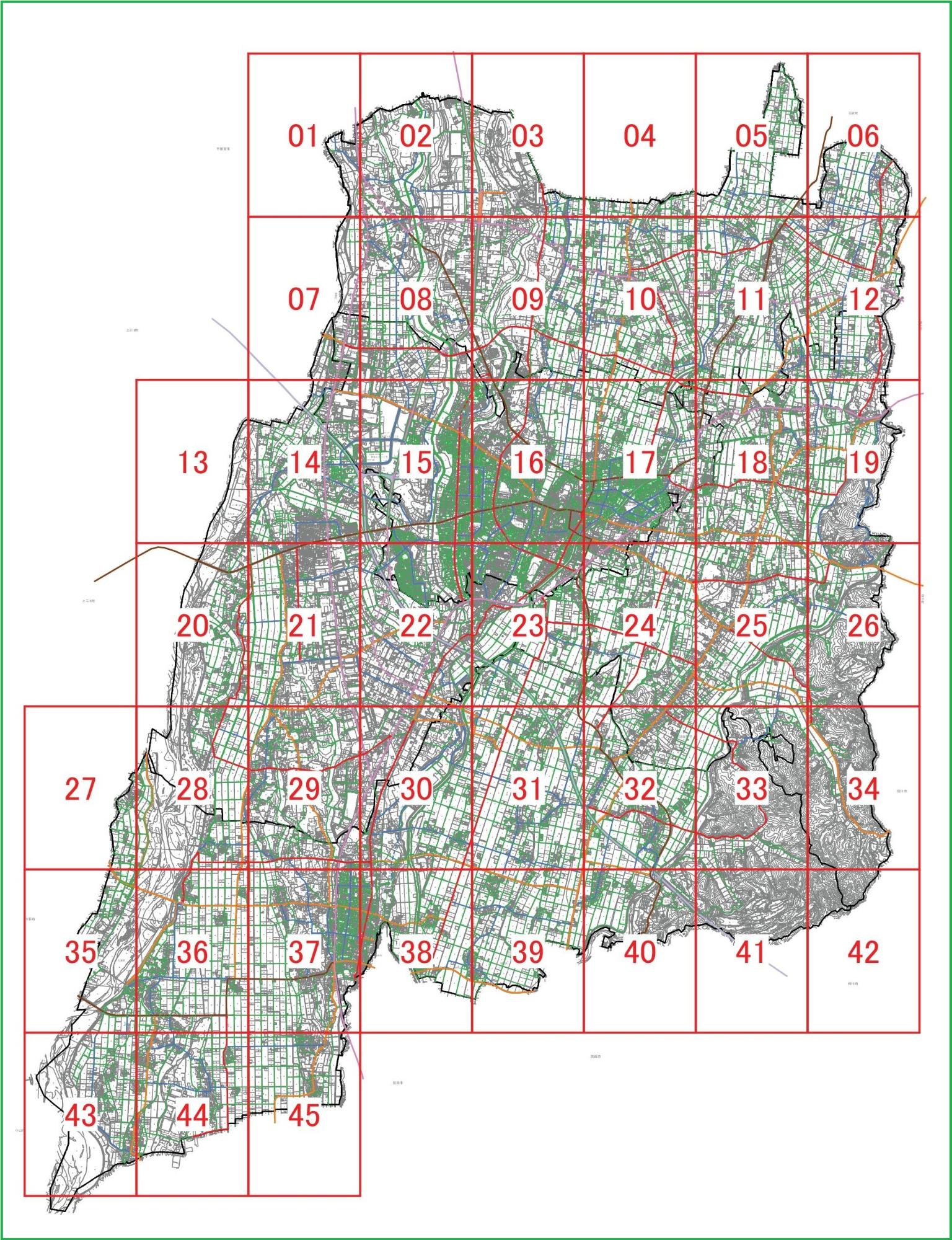 01から45に区切られた道路網図