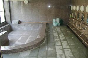 左側に浴槽、右側にシャワーや蛇口などの洗い場が複数設置されている浴室の写真