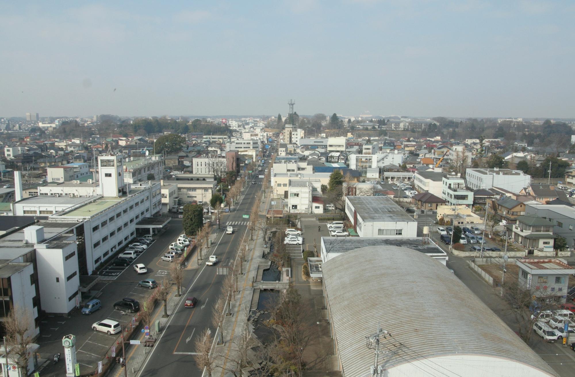 中央に奥へとまっすく伸びている道路があり、道路の両側には建物が建っている写真