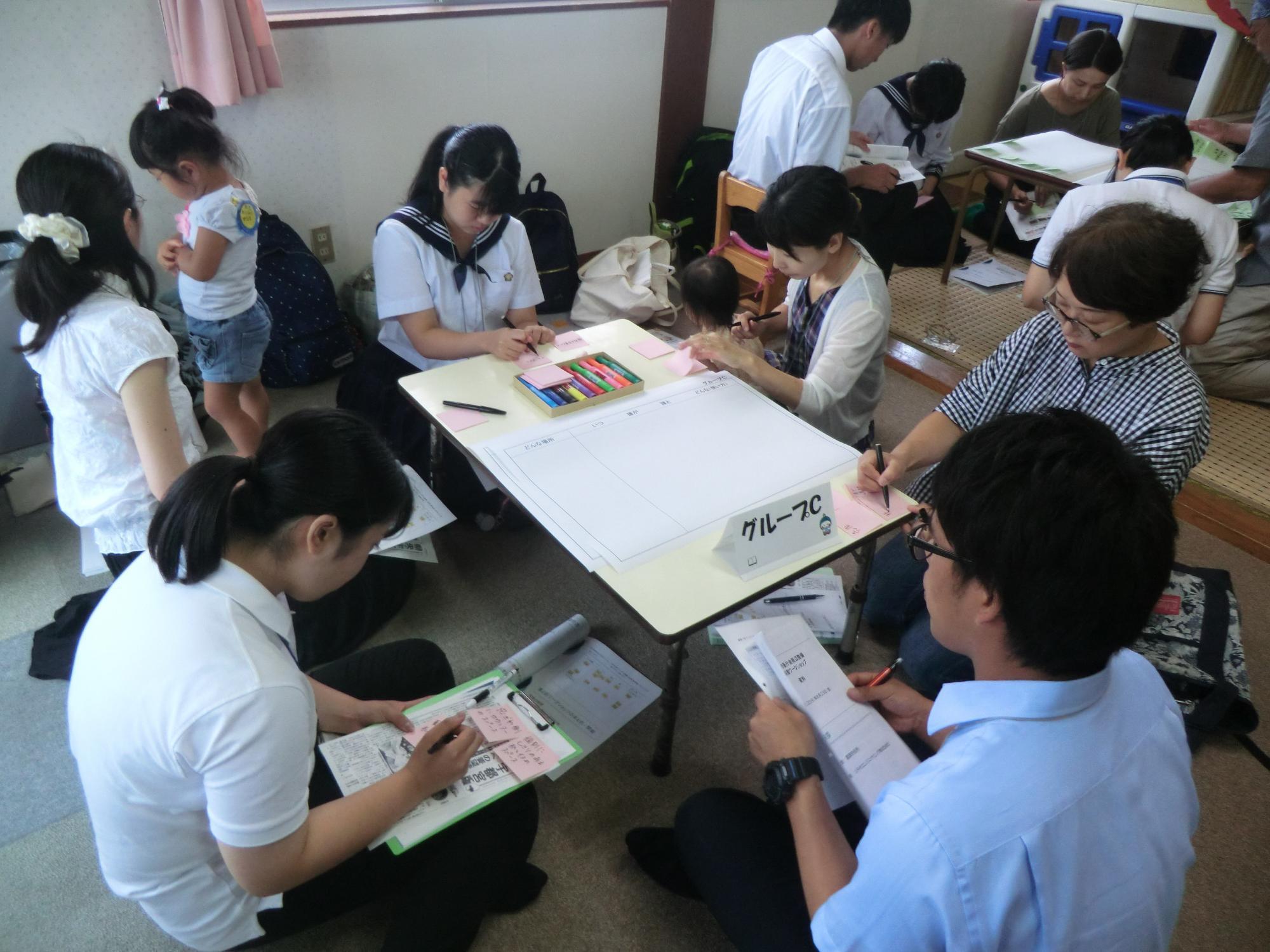 5名の参加者が机の周りに集まり、それぞれノートなどに書き込みをしている様子の写真