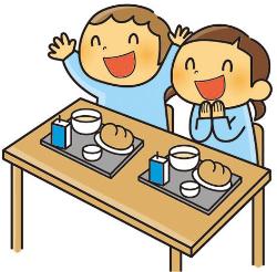 園児二人が机に座り、配膳された給食の前で笑顔で喜んでいるイラスト