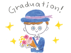 Graduation！の文字と花束を持った、青い帽子と洋服を着た男の子のイラスト