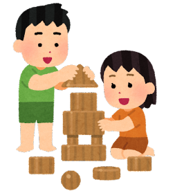 男の子と女の子が積み木で遊んでいるイラスト
