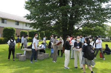 芝生が広がり大きな木がある広場の木陰に集まっている参加者達の写真