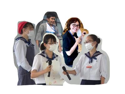 制服を着た女子高生3名と男性1名、女性1名の金鈴荘チームメンバーの切り抜き写真
