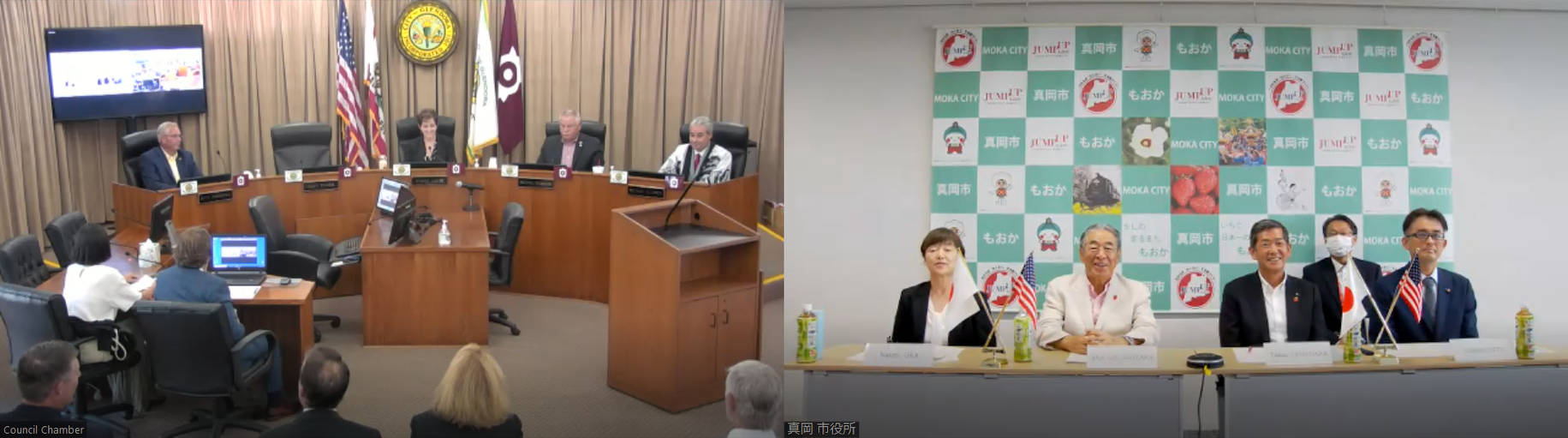 左：グレンドーラ市の会議室から関係者の方々、右：真岡市から5名でのオンライン会談の写真