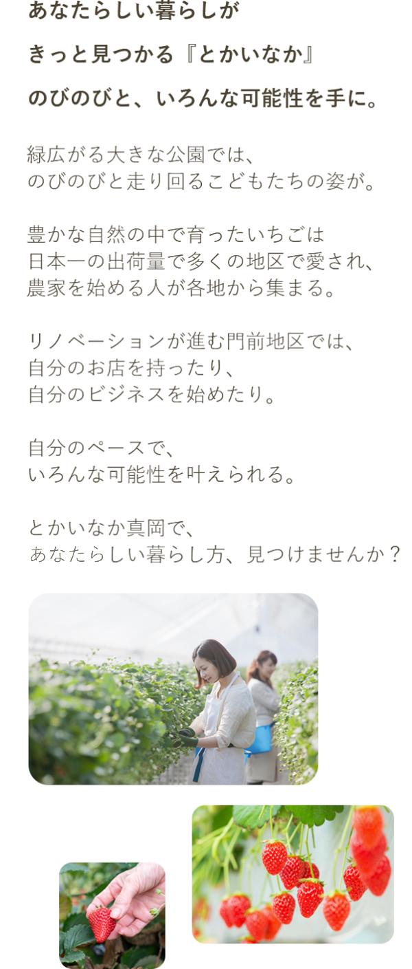 あなたらしい暮らしがきっとみつかる「とかいなか」のびのびと、いろんな可能性を手に。緑広がる大きな公園では、のびのびと走り回るこどもたちの姿が。豊かな自然の中で育ったいちごは日本一の出荷量で多くの地区で愛され、農家を始める人が各地から集まる。リノベーションが進む門前地区では、自分のお店を持ったり、自分のビジネスを始めたり。自分のペースで、いろんな可能性を叶えられる。とかいなか真岡で、あなたらしい暮らし方、見つけませんか？