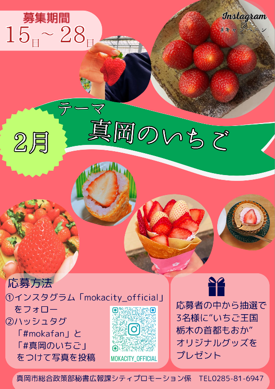 インスタグラム ハッシュタグキャンペーン2月テーマ「真岡のいちご」のチラシ