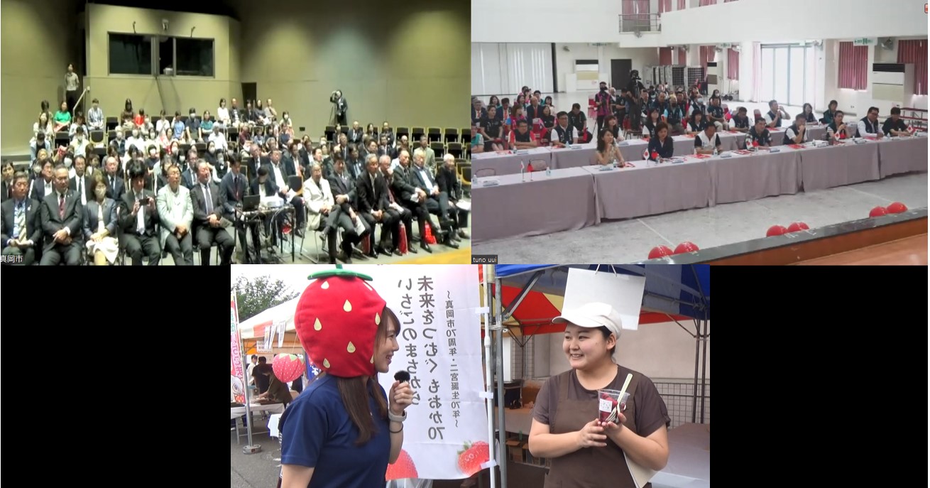 いちごフェスタ会場での生中継のようす
