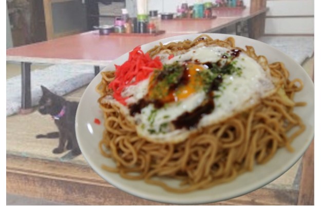 やきそば「立花屋」の焼きそばと猫の様子